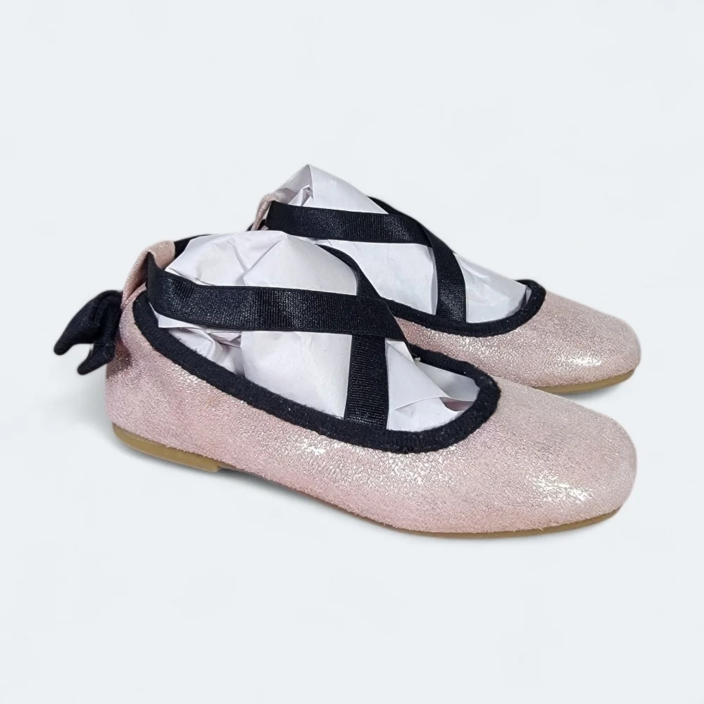 Cat & Jack Pink Shimmer Ballet Flats Girls Size 8 Criss Cross Top Back Bow